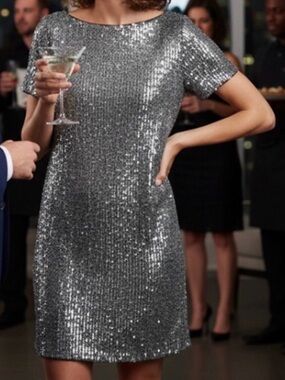 Ann Taylor Sequin Shift Dress Short-Sleeve Cocktail Party Grey Large